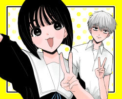 1boy 1girl :d bags_under_eyes black_eyes black_shirt border copyright_request highres narumiami98 open_mouth polka_dot polka_dot_background shirt short_hair short_sleeves smile v white_hair white_shirt yellow_border