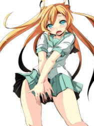 Rule 34 | 10s, 1girl, abukuma (kancolle), blue eyes, blush, covering privates, covering crotch, floating hair, from below, gin&#039;ichi (akacia), green skirt, highres, kantai collection, long hair, looking at viewer, looking down, orange hair, pleated skirt, school uniform, serafuku, shirt, short sleeves, simple background, skirt, solo, standing, tears, thighs, twintails, very long hair, white background, white shirt