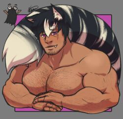Rule 34 | 1boy, bara, barawulf nsfw, blush, borrowed character, cropped torso, dark-skinned male, dark skin, facial hair, goatee stubble, hairy, large pectorals, large tail, looking at viewer, male focus, muscular, muscular male, nude, original, own hands together, pectorals, purple eyes, short hair, sideburns stubble, skunk boy, skunk ears, skunk tail, smile, solo, sparse arm hair, stubble, tail, tail raised, thick chest hair, thick eyebrows, two-tone tail, vlad (pteroscreams)