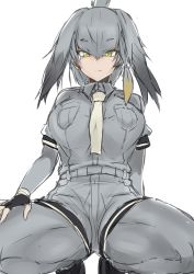 Rule 34 | 10s, absurdres, alternate breast size, blouse, bodystocking, breast pocket, breasts, collared shirt, expressionless, feathers, fingerless gloves, from below, gloves, grey pantyhose, grey shirt, grey theme, hair between eyes, hand on own thigh, head wings, highres, kemono friends, large breasts, layered sleeves, long sleeves, looking at viewer, maruyaa (malya1006), necktie, pantyhose, pantyhose under shorts, pocket, shirt, shoebill (kemono friends), short over long sleeves, short sleeves, shorts, silver hair, simple background, spread legs, squatting, thighs, white background, white necktie, wings, yellow eyes