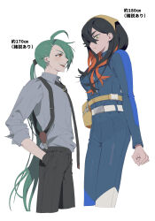 Rule 34 | 2girls, :d, absurdres, ahoge, belt, belt buckle, black hair, buckle, carmine (pokemon), clenched hand, closed mouth, collared shirt, commentary request, creatures (company), earrings, fanny pack, game freak, gloves, green hair, grey shirt, hand in pocket, highres, jacket, jewelry, kichi (onkrkgk), long hair, mole, mole under eye, multiple girls, necktie, nintendo, open mouth, pants, pokemon, pokemon sv, red eyes, rika (pokemon), shirt, smile, suspenders, yellow eyes