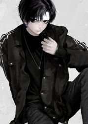 Rule 34 | 1boy, absurdres, alternate costume, bandages, black eyes, black hair, black jacket, black shirt, chrollo lucilfer, earrings, highres, hunter x hunter, jacket, jewelry, keeelus, looking at viewer, male focus, necklace, on ground, open clothes, open jacket, pants, shirt, short hair, sitting, smile, solo