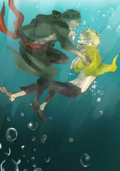 Rule 34 | 2boys, abs, asphyxiation, barefoot, blonde hair, blood, boots, bubble, drowning, fishman island, green hair, injury, male focus, multiple boys, ocean, one piece, open clothes, open shirt, robe, roronoa zoro, sanji (one piece), shirt, underwater, water, yellow shirt