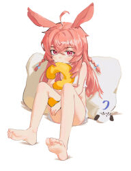 Rule 34 | 1girl, absurdres, ahoge, animal ears, bare legs, barefoot, blush, braid, chunkyeggy, commentary, crossed bangs, english commentary, feet, full body, hair ornament, highres, holding, knees up, legs, long hair, looking at viewer, phase connect, pillow, pink eyes, pink hair, pipkin pippa, rabbit girl, sidelocks, simple background, sitting, soles, solo, toes, virtual youtuber, white background