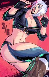 Rule 34 | 1girl, abs, absurdres, angel (kof), backless pants, blue eyes, boots, bra, breasts, chaps, cleavage, cowboy boots, crop top, cropped jacket, fingerless gloves, gloves, hair over one eye, highres, jacket, large breasts, leather, leather jacket, looking at viewer, megaxlex, midriff, muscular, muscular female, navel, panties, pants, paw pose, short hair, smile, snk, solo, strapless, strapless bra, the king of fighters, the king of fighters xiv, toned, underwear, white hair
