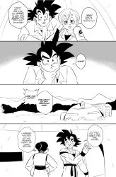 Rule 34 | 1boy, 2girls, absurdres, bulma, chi-chi (dragon ball), chinese clothes, comic, commentary, dougi, dragon ball, dragon ball super, english commentary, english text, frown, funsexydb, hair bun, half-closed eyes, hand on own chin, head rest, highres, house, husband and wife, jacket, monochrome, multiple girls, muscular, muscular male, open mouth, scarf, short hair, single hair bun, smile, son goku, thinking, wristband