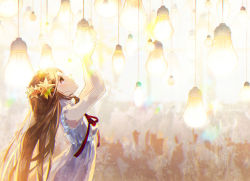Rule 34 | 1girl, arms up, bare arms, bare shoulders, blush, brown eyes, brown hair, closed mouth, commentary request, dress, hair ornament, hiro chikyuujin, light bulb, long hair, looking away, looking up, neck ribbon, original, profile, red ribbon, ribbon, sleeveless, sleeveless dress, solo, star (symbol), star hair ornament, very long hair, white dress