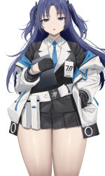 Rule 34 | 1girl, black gloves, black skirt, blue archive, blue eyes, blue hair, blue necktie, collared shirt, cowboy shot, gloves, hair ornament, highres, holding, jacket, long hair, looking at viewer, necktie, oekakizuki, open clothes, open jacket, parted lips, raised eyebrow, shirt, simple background, skirt, solo, thighs, two side up, white background, white jacket, wide hips, yuuka (blue archive)