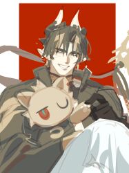 Rule 34 | 1boy, arknights, brown hair, chong yue (arknights), closed eyes, coat, commentary request, dragon boy, dragon horns, dragon tail, earrings, facing viewer, grin, high collar, holding, holding stuffed toy, horns, jewelry, jjeobjjeobdogta (wjqwjqehrxk), korean commentary, long hair, long sleeves, low ponytail, male focus, multicolored hair, pointy ears, red background, ribbon, sitting, smile, solo, streaked hair, stuffed animal, stuffed toy, tail, tail ornament, tail ribbon, upper body
