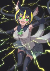 Rule 34 | 1girl, animal ear fluff, animal ears, black gloves, black hair, black thighhighs, blonde hair, blush, collar, collared shirt, elbow gloves, electricity, frilled collar, frills, gloves, green eyes, green necktie, grey shirt, grey skirt, highres, kemono friends, kemono friends 3, looking at viewer, mogurii, multicolored hair, multiple tails, necktie, open mouth, pleated skirt, raijuu (kemono friends), shirt, short hair, short necktie, skirt, smile, solo, tail, thighhighs, torn clothes, torn gloves, torn thighhighs, two-tone hair, two tails, zettai ryouiki