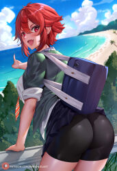Rule 34 | 1girl, aizawa tomo, ass, bag, beach, bike shorts, black shorts, blurry, blurry background, blush, breasts, clothes lift, cloud, day, enma (enmanuelart), fang, from behind, green jacket, hair between eyes, highres, horizon, jacket, large breasts, leaning forward, looking at viewer, looking back, necktie, ocean, open mouth, outdoors, palm tree, patreon logo, patreon username, pointing, red eyes, red hair, school bag, shirt, short hair, shorts, skin fang, skirt, skirt lift, smile, solo, thighs, tomo-chan wa onna no ko, tree, water, watermark, web address, white shirt