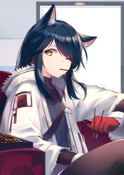Rule 34 | 1girl, absurdres, animal ear fluff, animal ears, arknights, badge, baishang canzhuo, black hair, brown eyes, commentary request, food, food in mouth, fur-trimmed jacket, fur trim, gloves, hair over one eye, highres, holding, holding food, jacket, long hair, official alternate costume, one eye closed, pocky, red gloves, sitting, solo, sweater, texas (arknights), texas (winter messenger) (arknights), turtleneck, turtleneck sweater, white jacket, wolf ears
