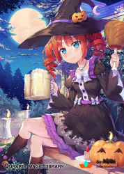Rule 34 | 1girl, ^ ^, alcohol, beer, beer mug, bench, black hat, black socks, blue eyes, blush, breasts, cake, candle, closed eyes, collarbone, company name, copyright name, crossed legs, cup, drill hair, food, fruit, halloween, hat, hat ribbon, holding, holding food, jack-o&#039;-lantern, kneehighs, long sleeves, looking at viewer, medium breasts, moon, mug, night, official art, orange hair, outdoors, plate, purple ribbon, qurare magic library, ribbon, shoonear, short hair, sitting, smile, socks, solo, star (symbol), strawberry, twin drills, witch hat