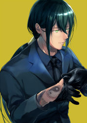 Rule 34 | 1boy, alternate costume, arm tattoo, black gloves, black jacket, black shirt, closed mouth, collared shirt, commentary request, dark green hair, dragon tattoo, fate/grand order, fate (series), formal, glove pull, gloves, green eyes, hair between eyes, jacket, long hair, long sleeves, looking away, male focus, ponytail, removing glove, shirt, sidelocks, simple background, smile, solo, soso (sosoming), tattoo, upper body, yan qing (fate), yellow background, yin yang, yin yang tattoo