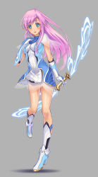 Rule 34 | 1girl, blue eyes, bow (weapon), dress, grey background, highres, long hair, original, pinakes, pink hair, pointy ears, solo, weapon
