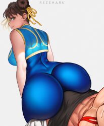 Rule 34 | 1boy, 1girl, absurdres, artist name, ass, blue bodysuit, blue vest, bodysuit, breasts, brown eyes, brown hair, bulge, bulge to ass, buttjob, buttjob over clothes, capcom, chun-li, cowboy shot, double bun, grey background, grin, hair bun, hair ribbon, hetero, highres, huge ass, large breasts, looking at viewer, looking back, parted lips, rezeharu, ribbon, ryu (street fighter), short hair, simple background, sitting, sitting on person, skin tight, smile, straddling, street fighter, street fighter zero (series), thighs, vest, wide hips, yellow ribbon