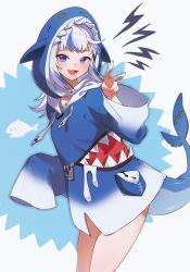 Rule 34 | 1girl, animal hood, animal print, blue background, blue dress, blue eyes, blue hair, blush, buttons, dress, fingernails, fins, fish, fish print, fish tail, gawr gura, gawr gura (1st costume), gradient clothes, gradient dress, grey hair, grey shirt, highres, hololive, hololive english, hood, hooded dress, long fingernails, long sleeves, looking at viewer, multicolored hair, open mouth, pocket, qin (7833198), shadow, shark girl, shark hood, shark tail, sharp teeth, shirt, short hair, simple background, smile, solo, standing, t-shirt, tail, teeth, tongue, two-tone hair, v, virtual youtuber, white background, white dress, wide sleeves, zipper