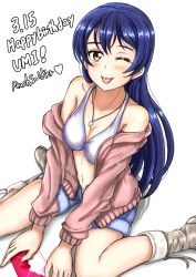 Rule 34 | 10s, 1girl, bikini, bikini top only, blue hair, breasts, cleavage, highres, jewelry, long hair, love live!, love live! school idol festival, love live! school idol project, medium breasts, necklace, one eye closed, rushsoldier, shorts, solo, sonoda umi, swimsuit, yellow eyes