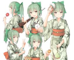 Rule 34 | &gt;:d, 10s, 1girl, :d, :o, azuhira, bow, candy apple, character mask, commentary request, error musume, food, from behind, green hair, grin, gun, hair bow, japanese clothes, kantai collection, kimono, kinchaku, mask, multiple views, obi, open mouth, ponytail, pouch, ramune, rifle, sash, shimakaze (kancolle), shimakaze (seal), shooting gallery, smile, summer festival, takoyaki, v, v-shaped eyebrows, weapon, white background, yellow eyes, yukata, yuubari (kancolle)