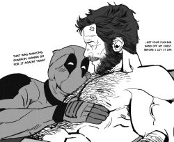 2boys anger_vein bara bare_shoulders beard bonjourdraws chest_hair closed_eyes clothed_male_nude_male commentary couple deadpool deadpool_&amp;_wolverine deadpool_(series) english_text facial_hair greyscale groin hand_on_own_chest head_on_chest lying lying_on_person male_focus marvel mature_male monochrome multiple_boys muscular muscular_male nipples no_pupils nude on_back on_side pectoral_squeeze short_hair superhero_costume symbol-only_commentary topless_male veins veiny_arms white_eyes wolverine_(x-men) x-men yaoi