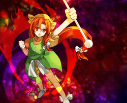 Rule 34 | 1girl, absurdres, arm up, bow, commentary request, flat chest, full body, green vest, hair bow, hand up, hat, highres, kaigen 1025, no shoes, open mouth, orange (touhou), orange eyes, orange hair, puffy short sleeves, puffy sleeves, shirt, short sleeves, shorts, socks, solo, touhou, touhou (pc-98), v-shaped eyebrows, vest, white bow, white socks, yellow hat, yellow shirt, yellow shorts