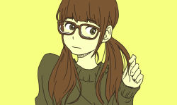 Rule 34 | 1girl, blunt bangs, brown hair, glasses, green eyes, hosoo, simple background, solo, sweater, twintails, yellow background
