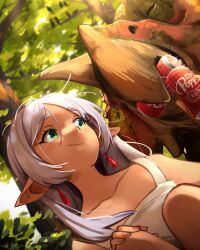 Rule 34 | 1girl, absurdres, animal, bare shoulders, blush, can, collarbone, commentary, dinosaur, dr pepper, drink can, earrings, english commentary, frieren, green eyes, hair between eyes, highres, jewelry, khyle., long hair, loss (meme), meme, pointy ears, soda, soda can, solo, sousou no frieren, tank top, triceratops, white hair, white tank top