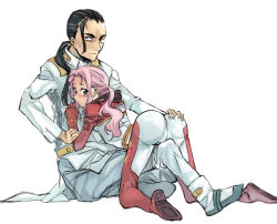 Rule 34 | 00s, 1boy, 1girl, all fours, ass, ass grab, black hair, blush, bodysuit, clothes lift, darry adai, expressionless, from behind, girl on top, hetero, kno1, long sleeves, looking at viewer, military, military uniform, pink eyes, pink hair, ponytail, robe, rossiu adai, simple background, skirt, skirt lift, tengen toppa gurren lagann, uniform, white background