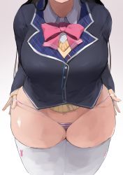 Rule 34 | absurdres, black hair, blazer, bow, bowtie, breasts, collared shirt, curvy, from above, head out of frame, highres, jacket, large breasts, long hair, nijisanji, no pants, panties, panty pull, plump, rabbit symbol, school uniform, shirt, simple background, skindentation, solo, string panties, striped clothes, striped panties, sweater, thick thighs, thighhighs, thighs, tsukino mito, tsukino mito (1st costume), underwear, v-neck, very long hair, virtual youtuber, wasabi sushi, white thighhighs