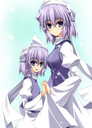 Rule 34 | 2girls, aged down, aged up, blue eyes, blush, dual persona, female focus, hat, height difference, highres, holding hands, interlocked fingers, letty whiterock, light purple hair, multiple girls, rappa (rappaya), scarf, short hair, simple background, smile, time paradox, touhou, white scarf, wide sleeves