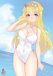 Rule 34 | 1girl, blonde hair, blue sky, breasts, casual one-piece swimsuit, cleavage, cloud, cosplay, covered navel, cowboy shot, day, double bun, fletcher (kancolle), frilled swimsuit, frills, hair bun, hairband, highleg, highleg swimsuit, highres, horizon, kantai collection, large breasts, long hair, looking at viewer, ocean, one-piece swimsuit, outdoors, purple eyes, sagiri (kancolle), sagiri (kancolle) (cosplay), sakurai nana (moshichi), side-tie swimsuit, sky, solo, swimsuit, thigh gap, white one-piece swimsuit