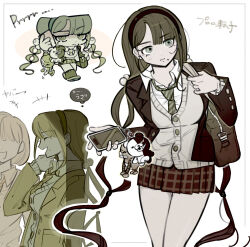 Rule 34 | +++, 2girls, ^ ^, bag, black hairband, black jacket, black socks, blunt bangs, bob cut, border, brown footwear, buttons, chabashira tenko, character charm, charm (object), closed eyes, closed mouth, collared jacket, collared shirt, danganronpa (series), danganronpa v3: killing harmony, dot nose, expressionless, eyelashes, faceless, faceless female, green eyes, green hair, green necktie, grey bag, hair bobbles, hair ornament, hairband, hand on own chin, highres, holding, holding bag, jacket, kneehighs, lapels, layered sleeves, long hair, long sleeves, looking ahead, low twintails, microskirt, mole, mole under mouth, monodam, monokuma, morning (d0nteat), multiple girls, multiple views, necktie, notched lapels, official alternate costume, open clothes, open jacket, open mouth, outside border, plaid clothes, plaid skirt, pleated skirt, red skirt, school bag, school uniform, shirt, shoes, skirt, smile, socks, speech bubble, spoilers, striped necktie, sweater jacket, talking on phone, translation request, twintails, very long hair, white background, white border, white shirt, yellow jacket