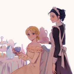 Rule 34 | 2girls, apron, black dress, blonde hair, blue eyes, blue hair, blush, character request, closed mouth, cup, dress, flower, hair bun, highres, holding, holding cup, identity v, long sleeves, maid, maid apron, maid headdress, mole, mole under eye, multiple girls, off-shoulder dress, off shoulder, plant, potted plant, rose, simple background, single hair bun, smile, teacup, teapot, white apron, white background, white dress, yp (pypy 5 )