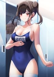 Rule 34 | 1girl, absurdres, blue one-piece swimsuit, breasts, brown hair, cleavage, closed mouth, clothes hanger, unworn clothes, collarbone, covered navel, double bun, hair bun, highres, idolmaster, idolmaster shiny colors, indoors, locker, locker room, medium breasts, name tag, one-piece swimsuit, red eyes, school swimsuit, skin tight, solo, sonoda chiyoko, sora (men0105), swimsuit, thighhighs, twintails, white thighhighs