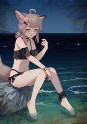 Rule 34 | 1girl, absurdres, ahoge, animal ears, ankle cuffs, arknights, barefoot, bikini, black bikini, blue eyes, chinese commentary, commentary request, extra ears, fox ears, fox girl, fox tail, frilled bikini, frills, full body, hair ornament, hairclip, highres, legs, low twintails, medium hair, multi-strapped bikini bottom, navel, night, off-shoulder bikini, off shoulder, open mouth, pink hair, single ankle cuff, sitting, soaking feet, solo, sussurro (arknights), sussurro (summer flower) (arknights), swimsuit, tail, toes, twintails, welt (kinsei koutenkyoku), wristband