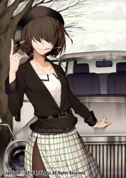 Rule 34 | 1girl, bad id, bad pixiv id, belt, belt buckle, black belt, blazer, branch, brown hair, brown jacket, buckle, car, car keys, carchet, cloud, cloudy sky, commentary, copyright name, hair over eyes, headlight, holding, jacket, key, motor vehicle, official art, open door, original, pantyhose, patterned clothing, pointing, pointing up, rear-view mirror, short hair, sid story, skirt, sky, solo, tree, watermark