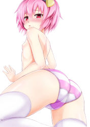 Rule 34 | 1girl, ass, blush, breasts, cameltoe, cleft of venus, ebi 193, flat chest, hairband, heart, komeiji satori, looking at viewer, looking back, nipples, no pants, panties, pink eyes, pink hair, purple panties, pussy, simple background, small breasts, solo, striped clothes, striped panties, thighhighs, topless, touhou, trefoil, underwear, underwear only, white background, white thighhighs