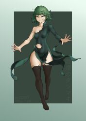 Rule 34 | 1girl, absurdres, animal ear legwear, artist name, black background, black dress, black thighhighs, breasts, cat ear legwear, covered navel, dated, dress, full body, gogo (gogo 23), green hair, grey background, highres, long sleeves, no shoes, one-punch man, shiny clothes, short hair, small breasts, smile, solo, tatsumaki, teeth, thighhighs, translation request