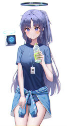 Rule 34 | 1girl, absurdres, blue archive, blue buruma, blue eyes, blue hair, blue shirt, blush, bottle, breasts, buruma, closed mouth, clothes around waist, commentary request, cowboy shot, halo, hand up, highres, holding, holding bottle, id card, jacket, jacket around waist, long hair, looking at viewer, mechanical halo, medium breasts, official alternate costume, parted bangs, ponytail, shirt, short sleeves, simple background, smile, solo, standing, star sticker, sticker on face, water bottle, white background, yeolyeo, yuuka (blue archive), yuuka (track) (blue archive)