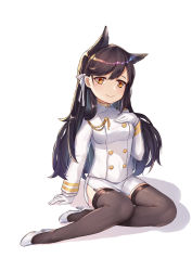 Rule 34 | 1girl, animal ears, atago (azur lane), azur lane, black thighhighs, blush, bobo (6630978), bow, breasts, brown eyes, brown hair, closed mouth, commentary request, garter straps, gloves, hair bow, hand on own chest, hand up, head tilt, high heels, highres, jacket, long hair, long sleeves, looking at viewer, medium breasts, mole, mole under eye, skirt, solo, thighhighs, very long hair, white background, white bow, white footwear, white gloves, white jacket, white skirt