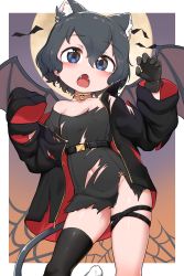 Rule 34 | 1girl, animal ears, bat (animal), bell, belt, black belt, black dress, black gloves, black hair, black jacket, black thighhighs, black wings, blue eyes, border, cat ears, cat tail, chis (js60216), claw pose, commentary, cowboy shot, demon wings, dress, fangs, full moon, gloves, halloween, halloween costume, highres, jacket, kaban (kemono friends), kemono friends, kemonomimi mode, long sleeves, looking at viewer, microdress, moon, navel, neck bell, open clothes, open jacket, open mouth, outside border, short hair, single thighhigh, skindentation, sleeves past fingers, sleeves past wrists, solo, standing, tail, thigh strap, thighhighs, torn clothes, torn dress, torn jacket, white border, wings