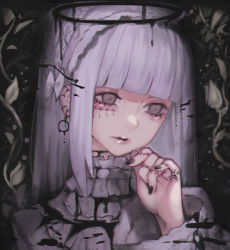 Rule 34 | 1girl, absurdres, black nails, blunt bangs, bow, commentary request, doku-chan (dokkudokudoku), earrings, fingernails, grey eyes, hair bow, hand up, highres, jewelry, lavender bow, light purple hair, lipgloss, lips, looking at viewer, nail polish, original, solo
