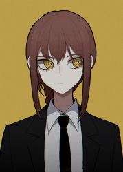 Rule 34 | 1girl, :|, black necktie, black suit, braid, braided ponytail, chainsaw man, closed mouth, collared shirt, expressionless, film grain, formal, joosibi, korean commentary, long hair, looking to the side, makima (chainsaw man), necktie, original, ponytail, red hair, ringed eyes, shirt, sidelocks, simple background, solo, suit, upper body, white shirt, yellow background, yellow eyes