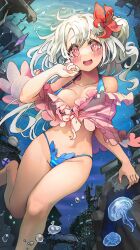 Rule 34 | 1girl, :d, absurdres, air bubble, bikini, breasts, bubble, cameltoe, fish, flower, freediving, hair flower, hair ornament, highres, large breasts, long hair, looking at viewer, melaton, navel, open mouth, original, smile, solo, swimsuit, underwater