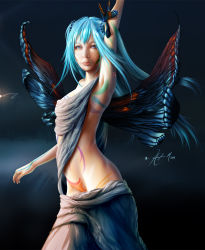 Rule 34 | 1girl, arm up, armpits, artist name, blue eyes, blue hair, breasts, bug, butterfly, hatsune miku, hayden mackenzie, haydenm, insect, long hair, matching hair/eyes, navel, nude, realistic, signature, simple background, small breasts, solo, vocaloid, wings