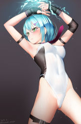 Rule 34 | 1girl, aqua hair, arm strap, armpits, arms up, bare shoulders, black gloves, blush, breasts, closed mouth, covered navel, dead or alive, dead or alive 6, elbow sleeve, electricity, fingerless gloves, glasses, gloves, green eyes, hair ornament, hairclip, highleg, highleg leotard, highres, kanzaki muyu, leotard, necktie, nico (doa), short hair, sleeveless, solo, sweat, thigh strap, white leotard