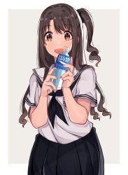 Rule 34 | 1girl, :d, absurdres, black bow, black neckerchief, black skirt, blush, bottle, bow, brown eyes, brown hair, commentary request, fingernails, grey background, hair between eyes, hair bow, hands up, highres, holding, holding bottle, idolmaster, idolmaster cinderella girls, idolmaster cinderella girls starlight stage, long hair, looking at viewer, neckerchief, norazura, one side up, open mouth, pleated skirt, pocari sweat, sailor collar, school uniform, serafuku, shimamura uzuki, shirt, short sleeves, skirt, smile, solo, two-tone background, very long hair, water bottle, white background, white sailor collar, white shirt