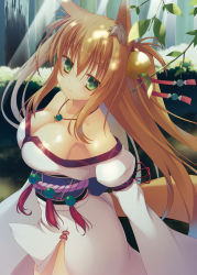 Rule 34 | 1girl, animal ears, bell, blush, breasts, brown hair, cleavage, dappled sunlight, forest, fox ears, fox tail, green eyes, hair bell, hair ornament, head tilt, japanese clothes, jewelry, jingle bell, kimono, large breasts, long hair, long sleeves, looking at viewer, magatama, marble (toy), nature, necklace, off shoulder, original, outdoors, smile, sunlight, tail, tassel, yuzu modoki