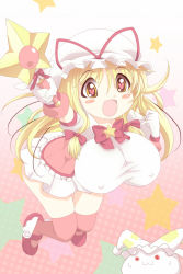 Rule 34 | 1girl, 2girls, :3, blonde hair, blush stickers, bow, bowtie, breasts, cosplay, covered erect nipples, crossover, full body, gloves, gradient background, hair bow, hat, heart, heart-shaped pupils, kaname madoka, kaname madoka (cosplay), kyubey, kyubey (cosplay), large breasts, long hair, looking at viewer, magical girl, mahou shoujo madoka magica, mahou shoujo madoka magica (anime), mob cap, multiple girls, polka dot, polka dot background, red eyes, star (symbol), starry background, sweat, symbol-shaped pupils, thighhighs, touhou, wand, yakumo ran, yakumo yukari, yanmarson, yellow eyes