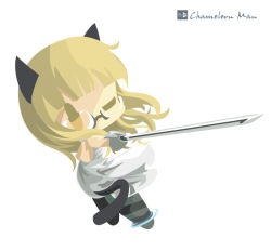 Rule 34 | 1girl, animal ears, artist name, blonde hair, cat ears, chameleon man (three), dress, glasses, holding, holding weapon, no lineart, one eye closed, perrine h. clostermann, rapier, simple background, solo, strike witches, striker unit, sword, tail, weapon, white background, white dress, world witches series, yellow eyes